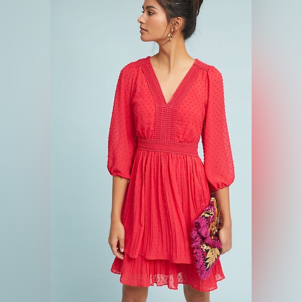 Anthropologie Red Pleated Tiered Sundress with Bishop Sleeves